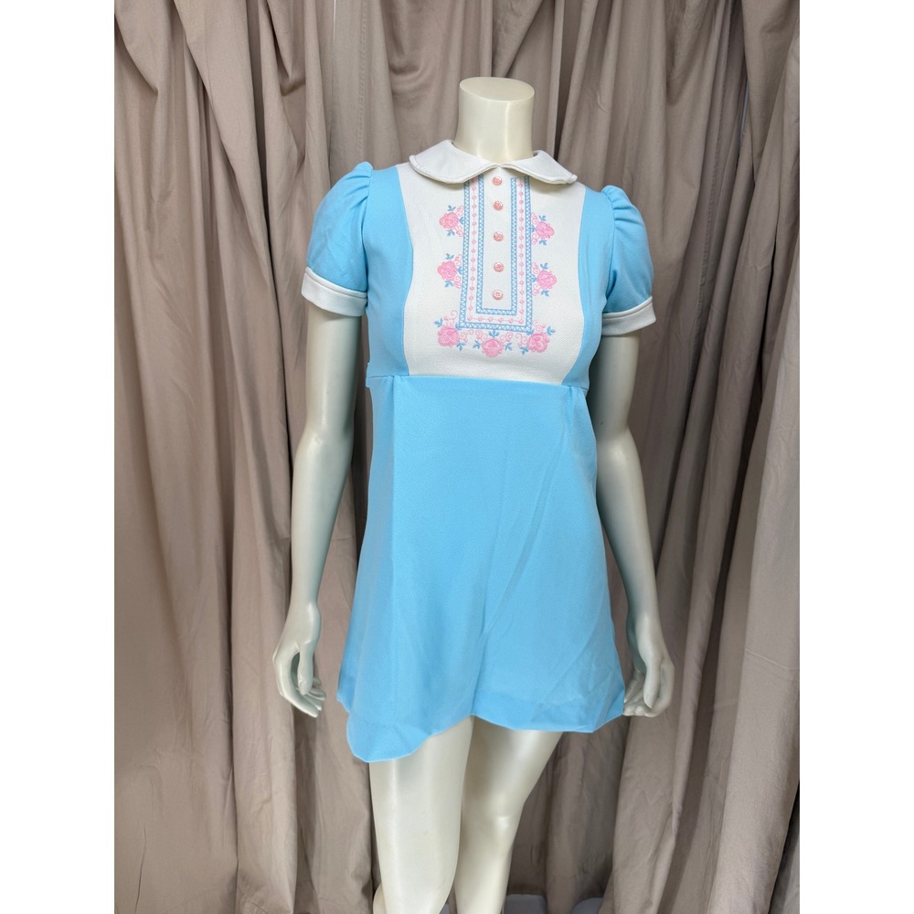 Vintage Blue Babydoll Dress Floral Embroidery Peter Pan Collar Mini Size 7